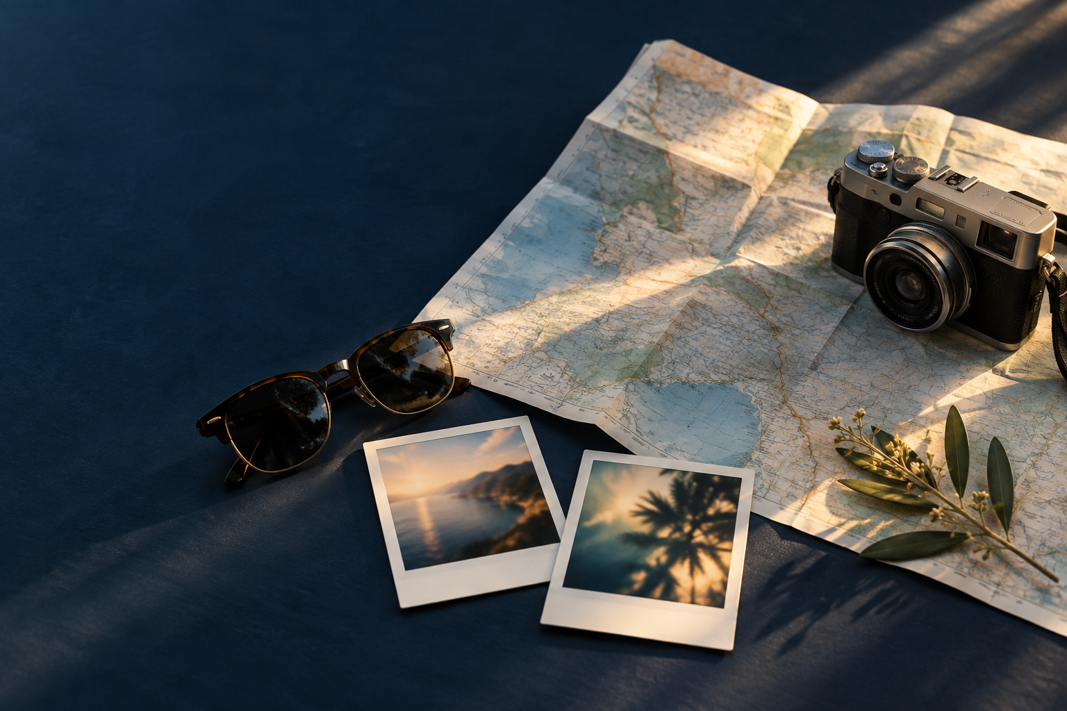 A warm travel still life with a map and camera