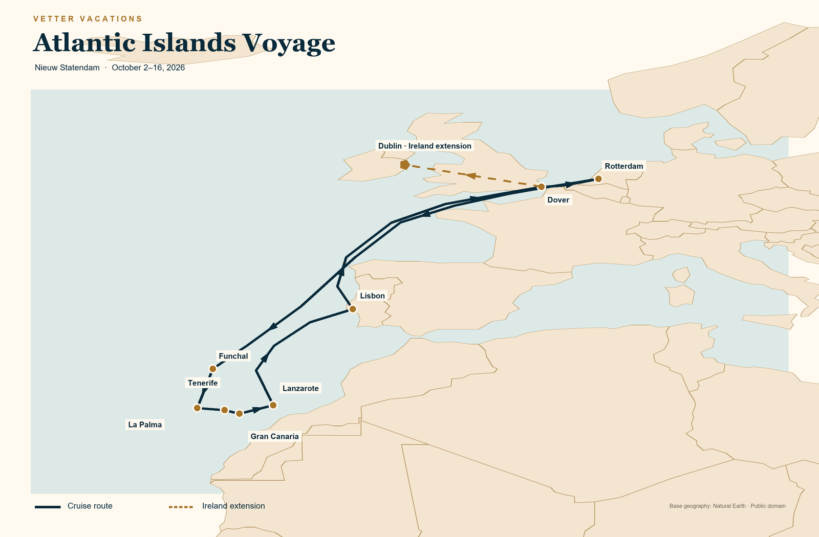 Map of the Nieuw Statendam route from Dover to Rotterdam, Madeira, the Canary Islands, Lisbon and back to Dover, followed by the Dublin extension